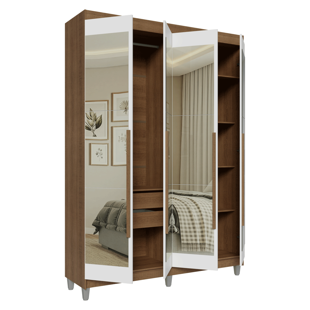 Guarda-Roupa Solteiro com Pés 4 Portas Batentes com Espelhos Rustic/Branco/Rustic Venus Madesa
