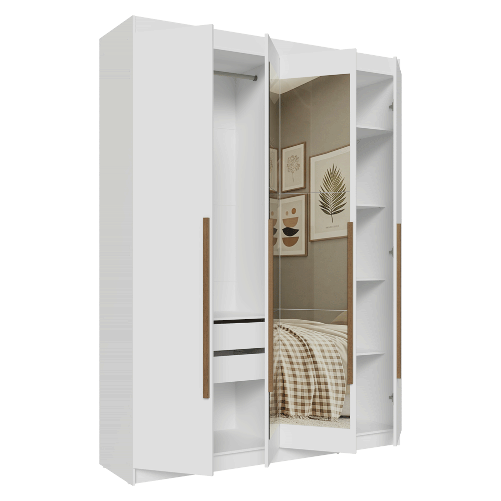 Guarda-Roupa Solteiro 4 Portas Batentes com Espelho Branco/Branco/Rustic Venus Madesa