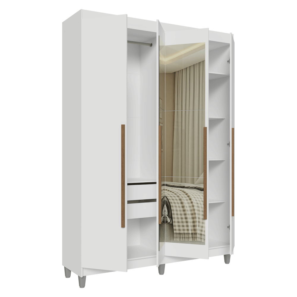 Guarda-Roupa Solteiro com Pés 4 Portas Batentes com Espelho Branco/Branco/Rustic Venus Madesa