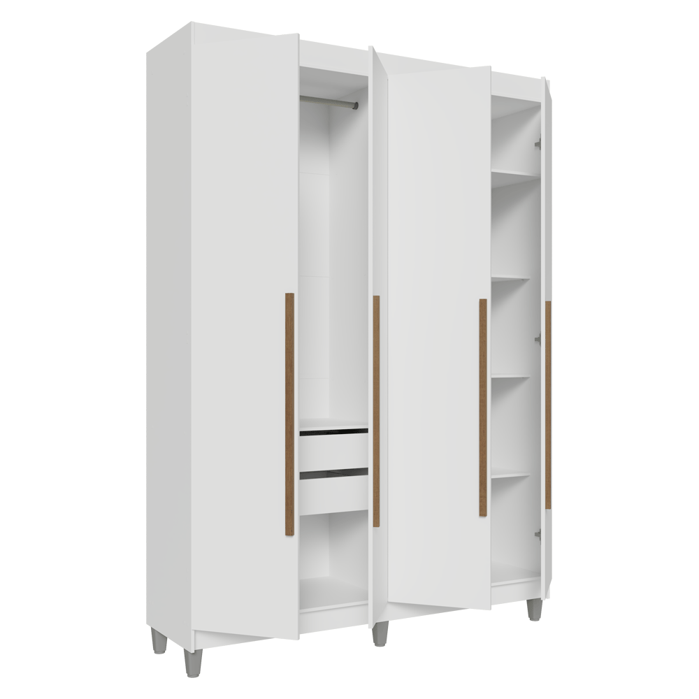 Guarda-Roupa Solteiro com Pés 4 Portas Batentes Branco/Branco/Rustic Venus Madesa