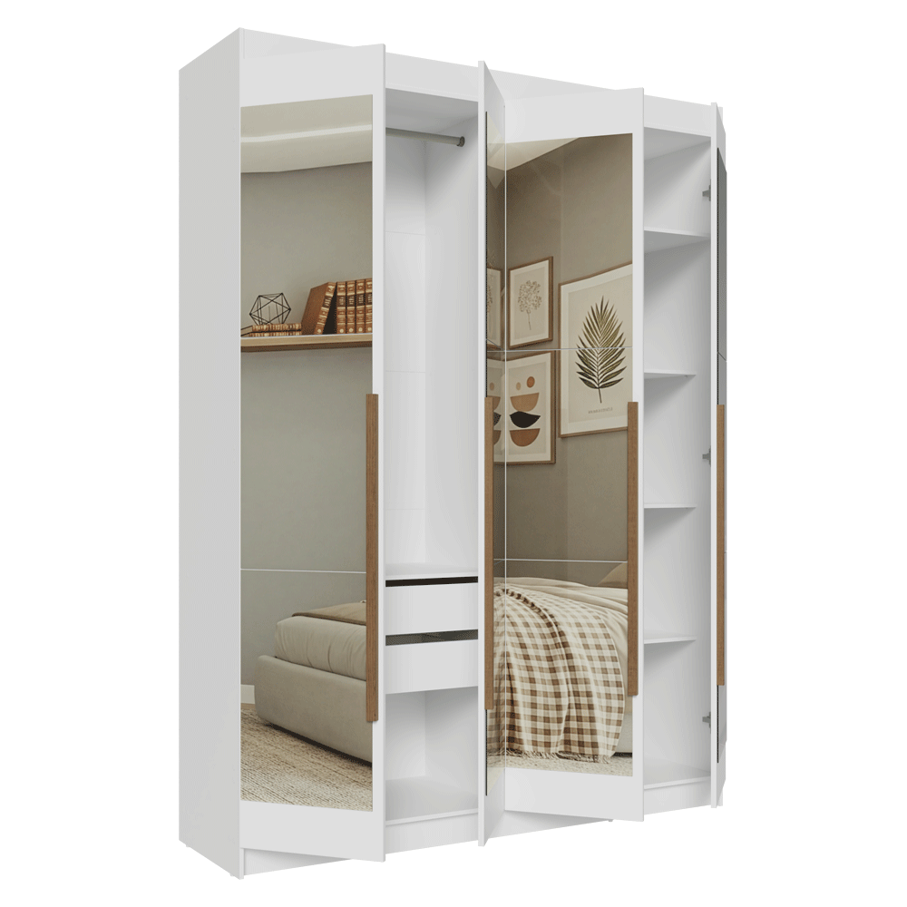 Guarda-Roupa Solteiro 4 Portas Batentes com Espelhos Branco/Branco/Rustic Venus Madesa