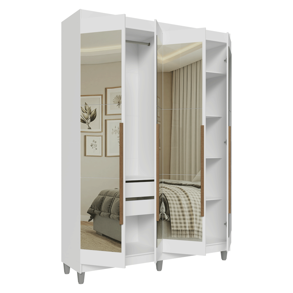 Guarda-Roupa Solteiro com Pés 4 Portas Batentes com Espelhos Branco/Branco/Rustic Venus Madesa