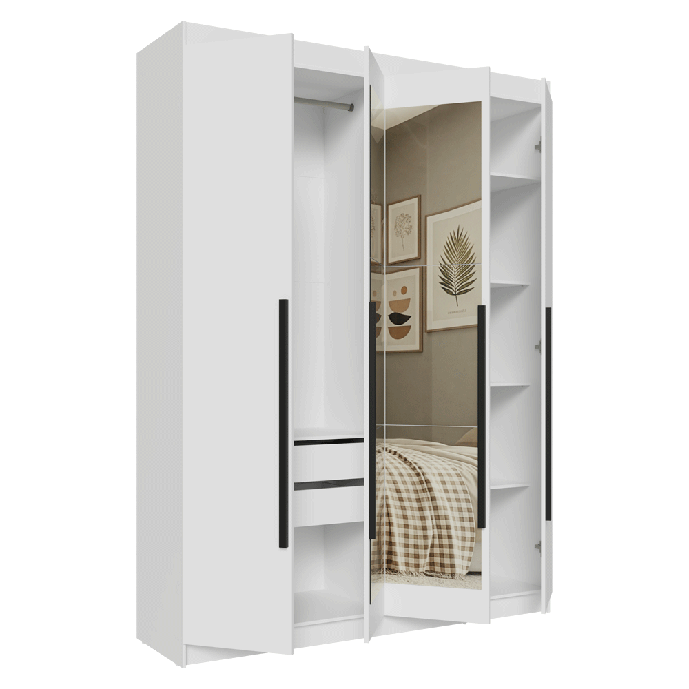 Guarda-Roupa Solteiro 4 Portas Batentes com Espelho Branco/Branco/Preto Venus Madesa