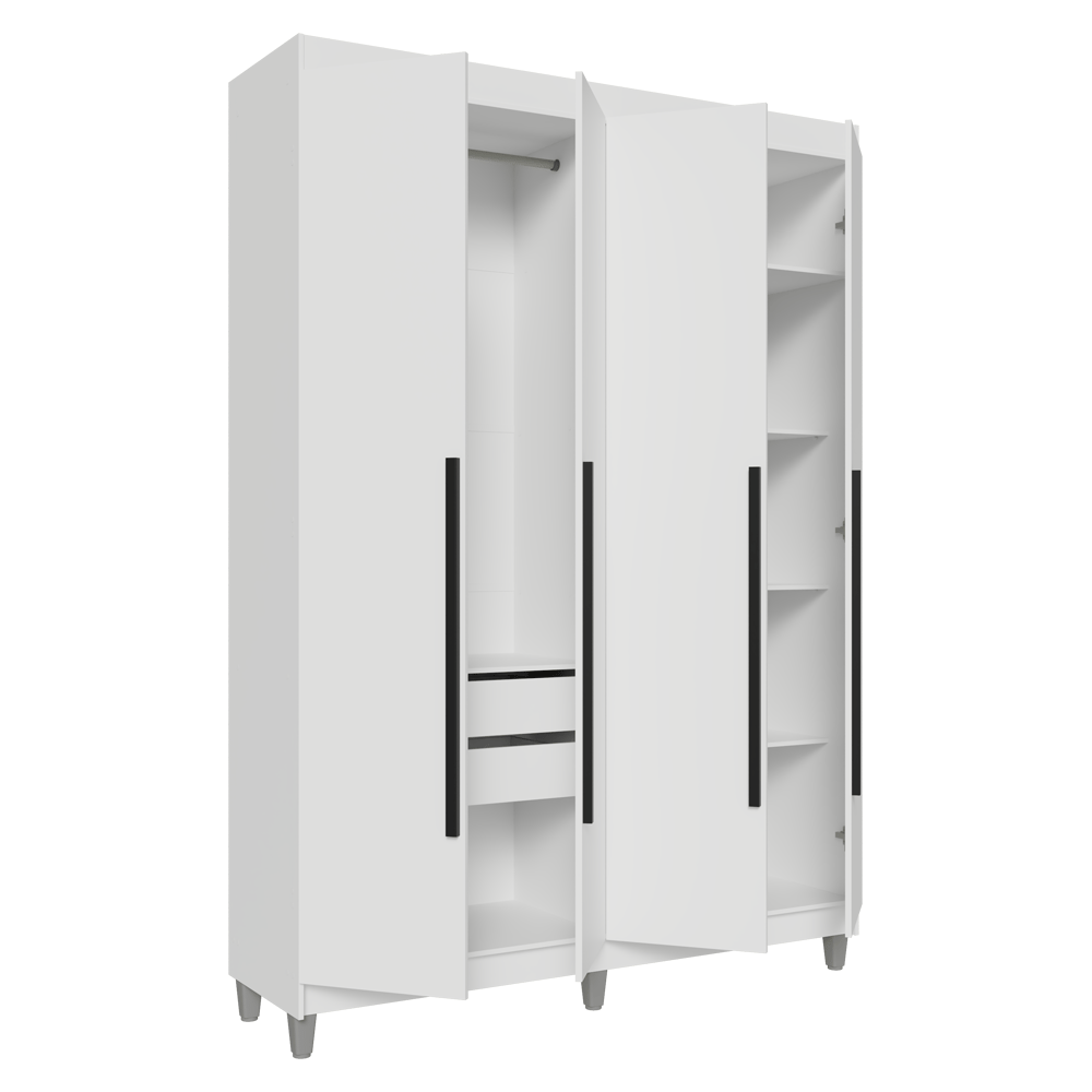 Guarda-Roupa Solteiro com Pés 4 Portas Batentes Branco/Branco/Preto Venus Madesa