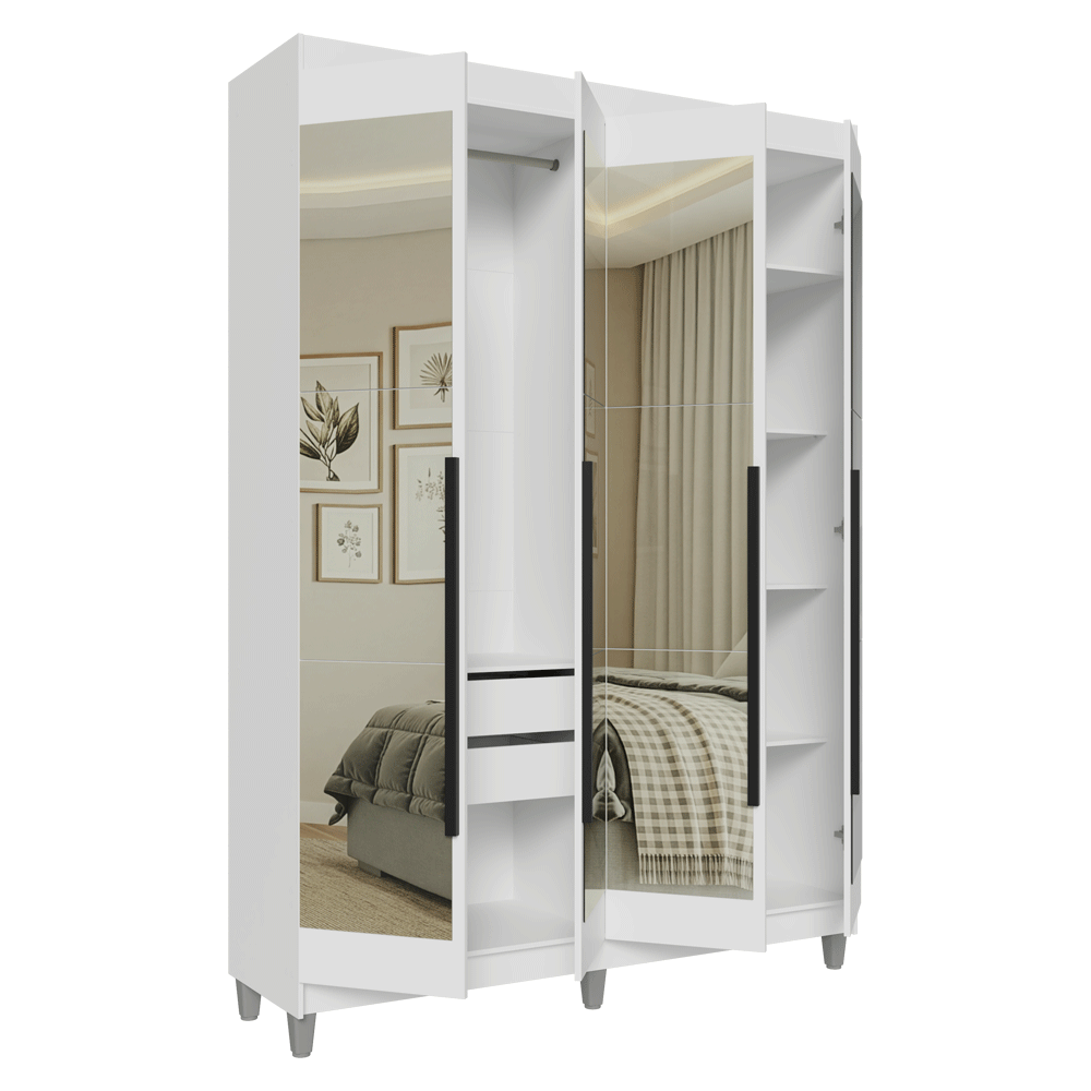 Guarda-Roupa Solteiro com Pés 4 Portas Batentes com Espelhos Branco/Branco/Preto Venus Madesa