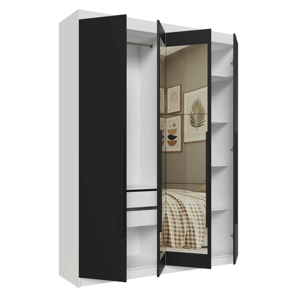 Guarda-Roupa Solteiro 4 Portas Batentes com Espelho Branco/Preto/Preto Venus Madesa