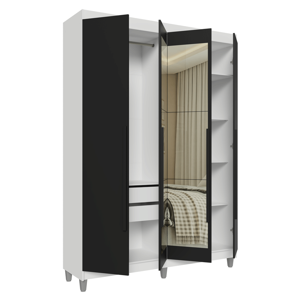 Guarda-Roupa Solteiro com Pés 4 Portas Batentes com Espelho Branco/Preto/Preto Venus Madesa