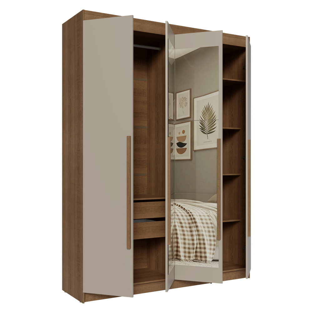 Guarda-Roupa Solteiro 4 Portas Batentes com Espelho Rustic/Crema/Rustic Venus Madesa