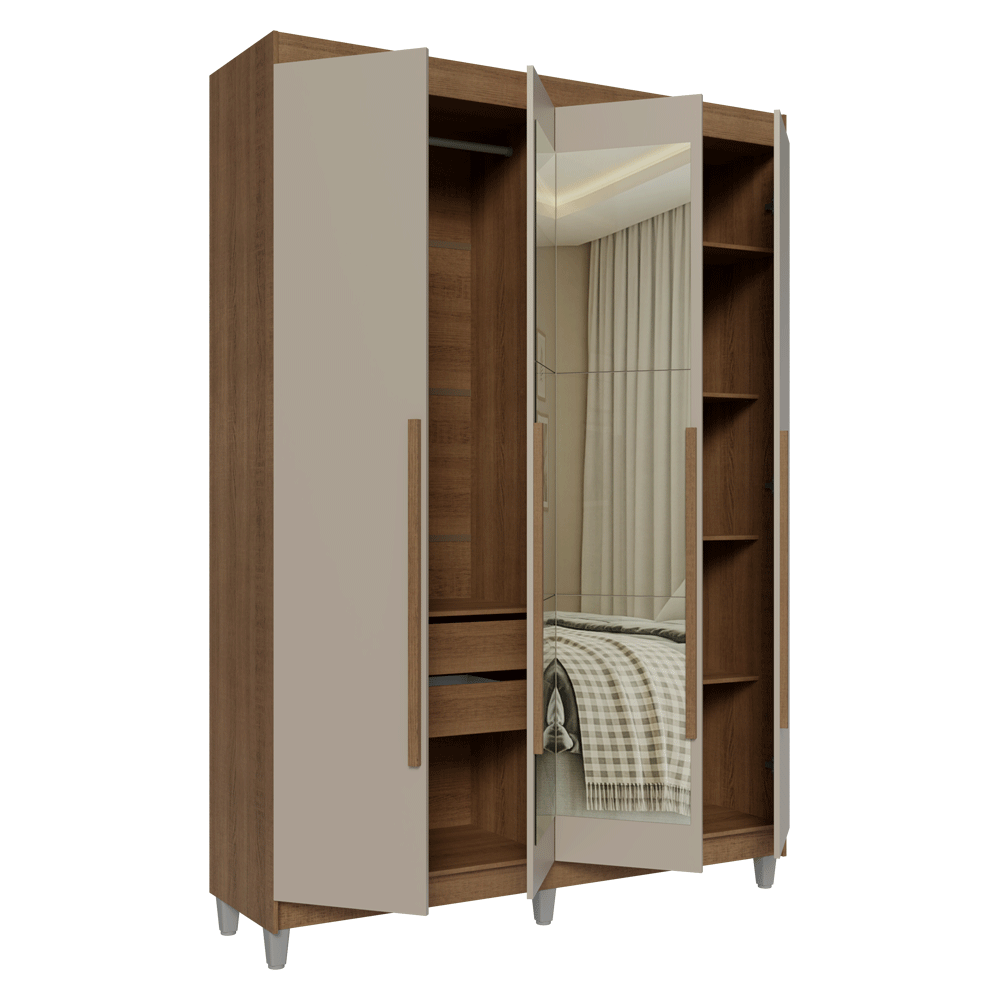 Guarda-Roupa Solteiro com Pés 4 Portas Batentes com Espelho Rustic/Crema/Rustic Venus Madesa