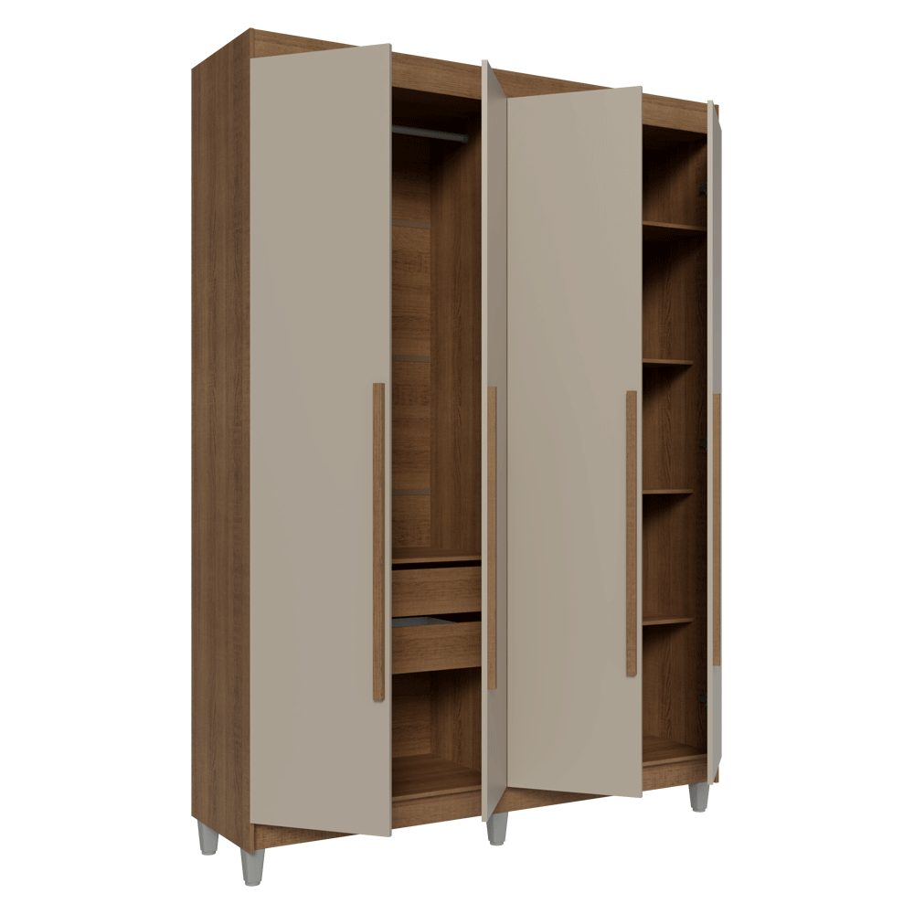 Guarda-Roupa Solteiro com Pés 4 Portas Batentes Rustic/Crema/Rustic Venus Madesa