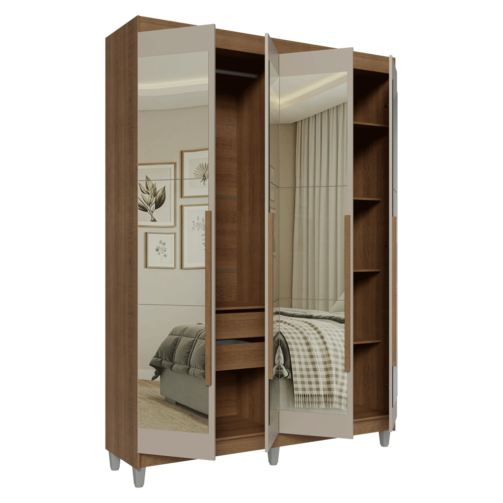 Guarda-Roupa Solteiro com Pés 4 Portas Batentes com Espelhos Rustic/Crema/Rustic Venus Madesa
