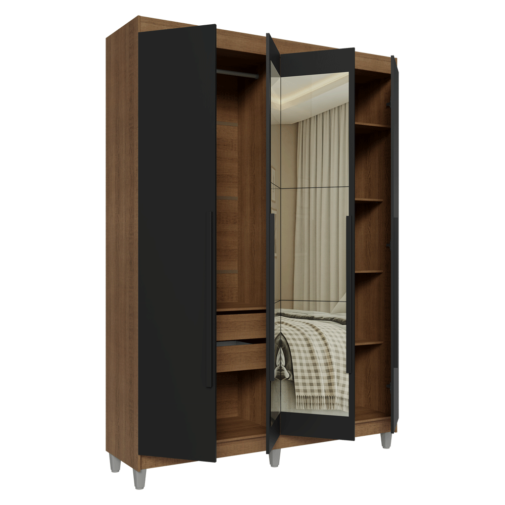 Guarda-Roupa Solteiro com Pés 4 Portas Batentes com Espelho Rustic/Preto/Preto Venus Madesa