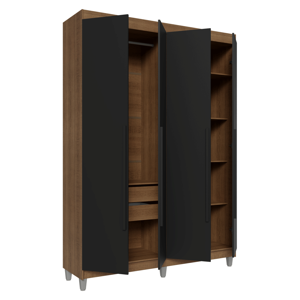 Guarda-Roupa Solteiro com Pés 4 Portas Batentes Rustic/Preto/Preto Venus Madesa