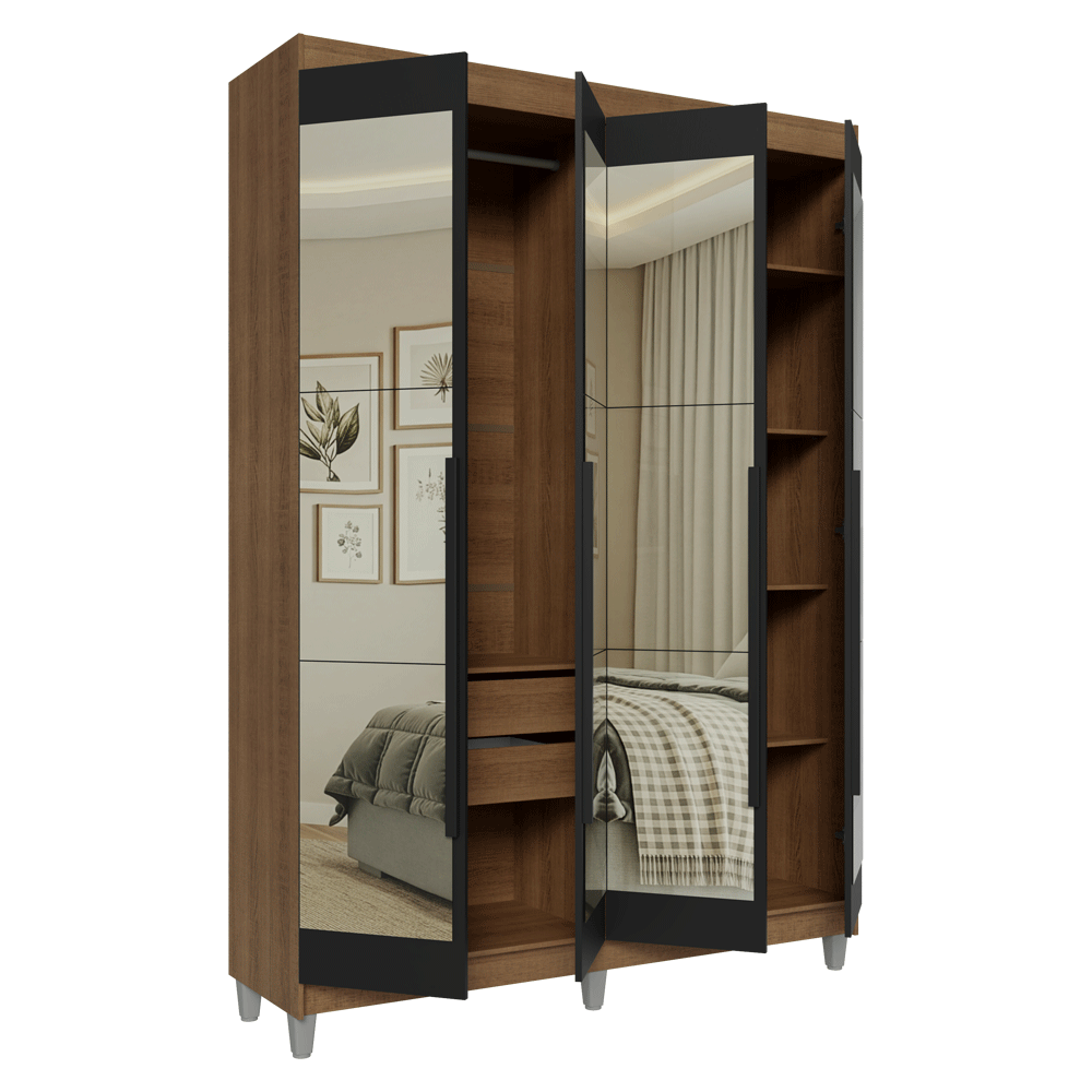 Guarda-Roupa Solteiro com Pés 4 Portas Batentes com Espelhos Rustic/Preto/Preto Venus Madesa