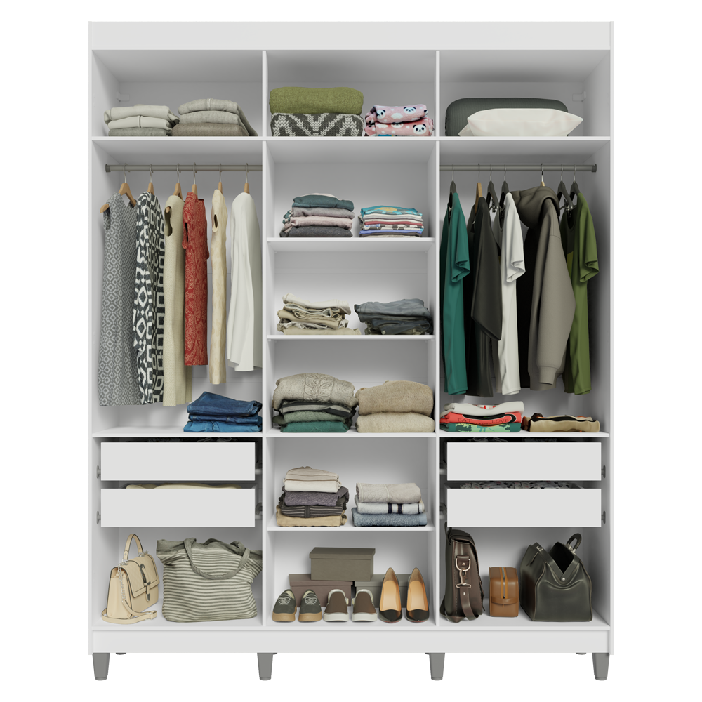 Guarda-Roupa Casal com Pés 6 Portas Batentes Branco/Preto/Preto Venus Madesa