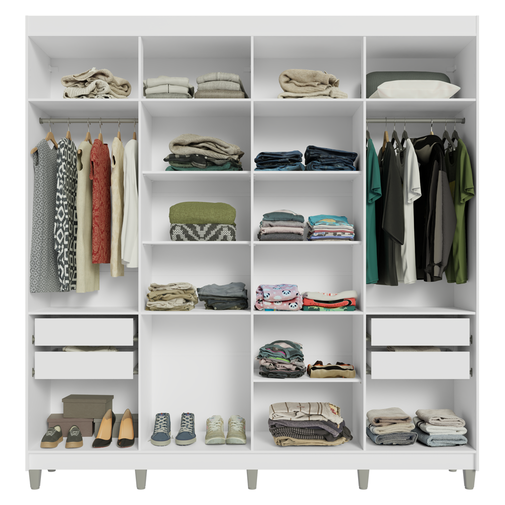 Guarda-Roupa Casal com Pés 8 Portas Batentes com Espelho Branco/Branco/Rustic Venus Madesa