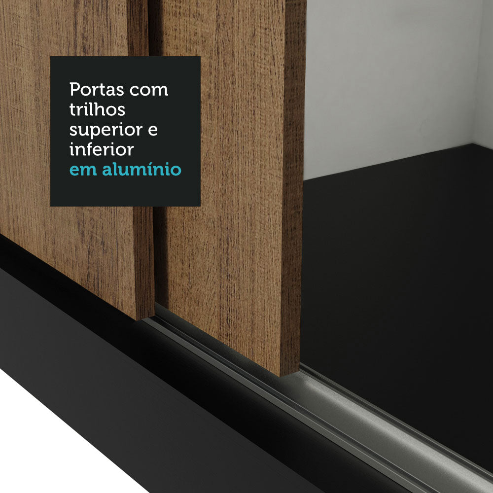 Guarda-Roupa Casal 3 Portas de Correr com Espelho Preto/Rustic Nobre Madesa