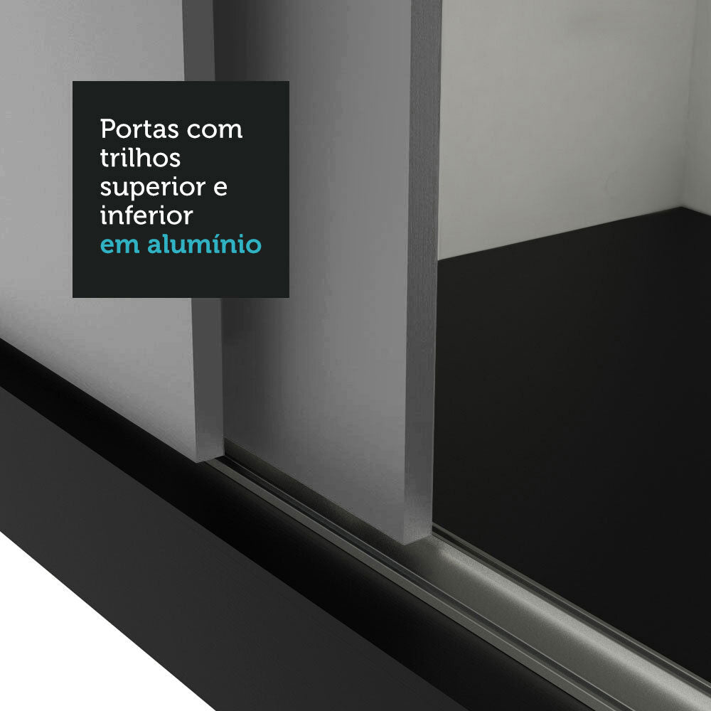 Guarda-Roupa Solteiro 2 Portas de Correr com Espelho 4 Gavetas Preto/Cinza Vivare Plus Madesa