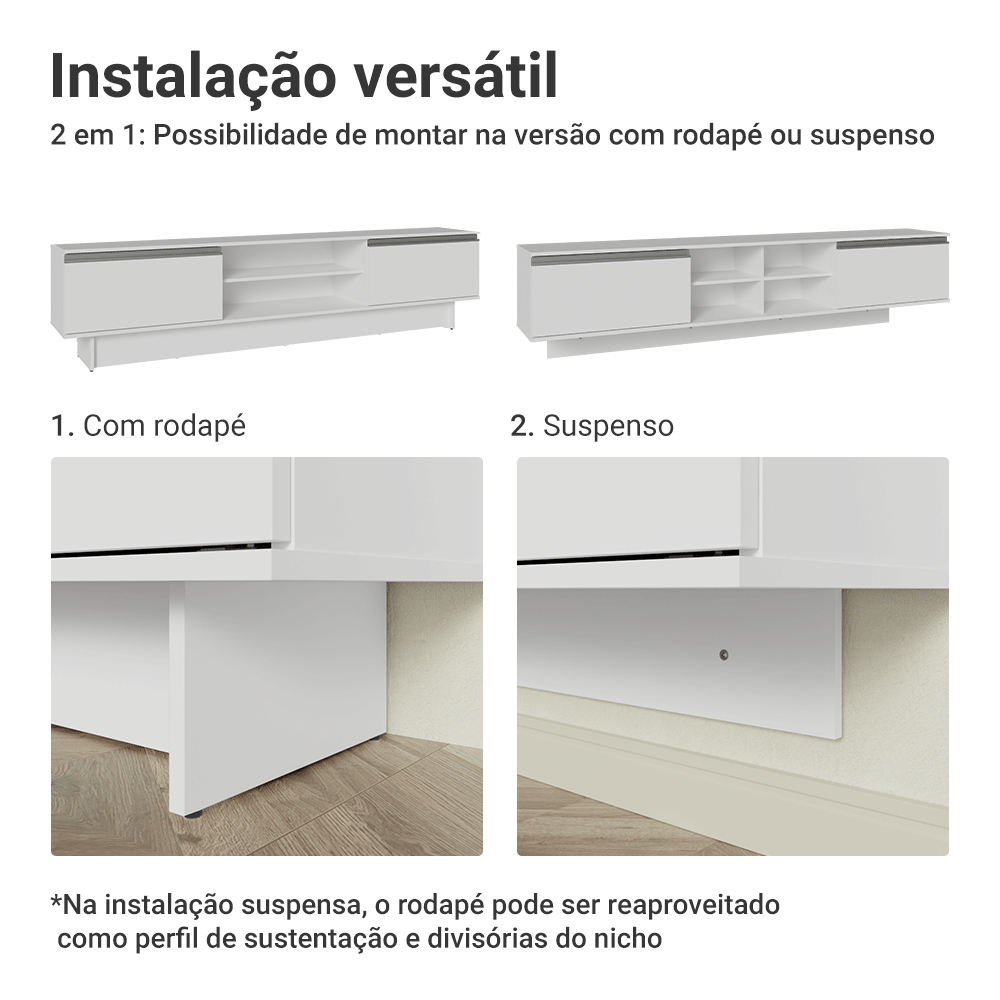 Rack Suspenso para TV até 80 Polegadas 218 cm 2 Portas Branco Glamy Madesa