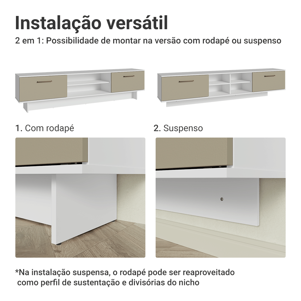 Rack Suspenso para TV até 80 Polegadas 218 cm 2 Portas Branco/Crema Agata Madesa