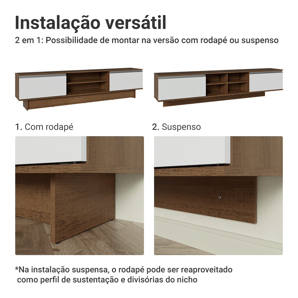 Rack para TV até 80 Polegadas 218 cm 2 Portas Rustic/Branco Glamy Madesa