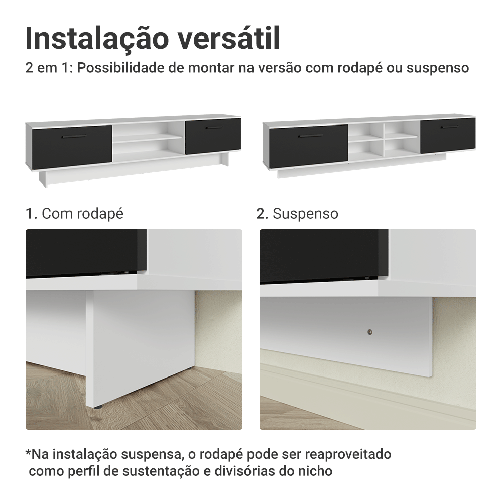 Rack Suspenso para TV até 80 Polegadas 218 cm 2 Portas Branco/Preto Agata Madesa