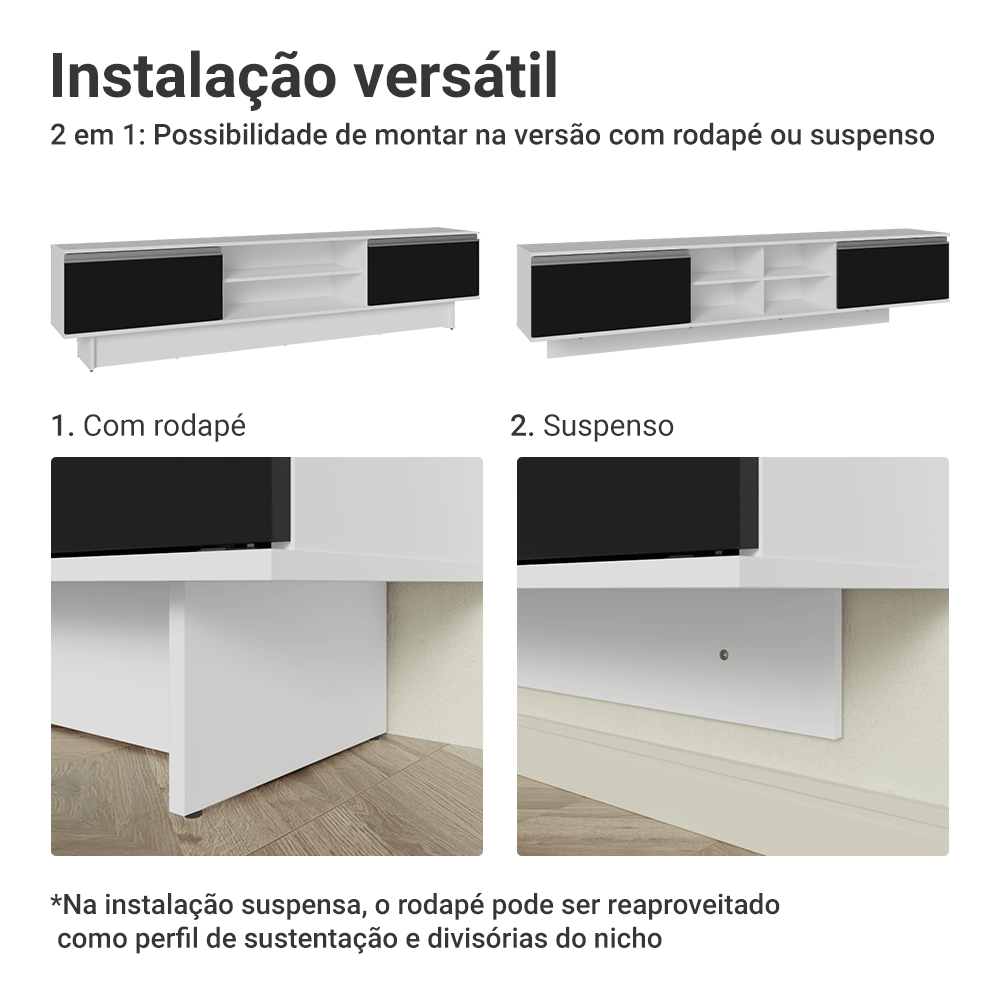 Rack para TV até 80 Polegadas 218 cm 2 Portas Branco/Preto Glamy Madesa