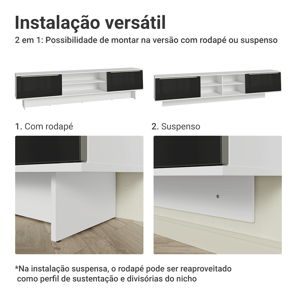 Rack Suspenso para TV até 80 Polegadas 218 cm 2 Portas Branco/Preto Lux Madesa
