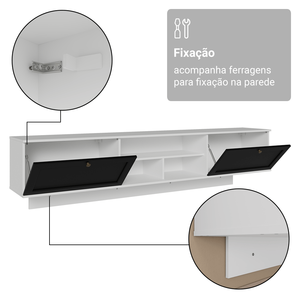 Rack Suspenso para TV até 80 Polegadas 218 cm 2 Portas Branco/Preto Vik Madesa