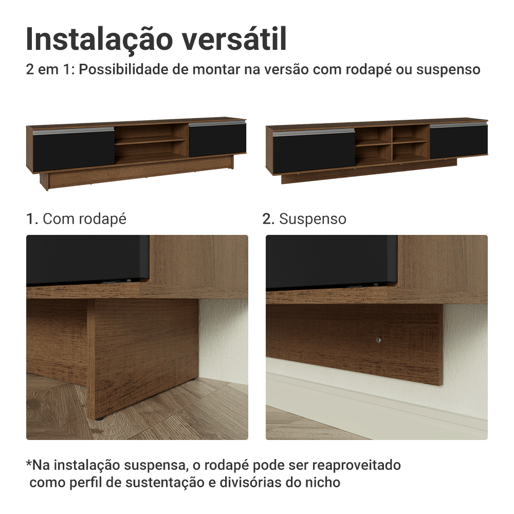 Rack Suspenso para TV até 80 Polegadas 218 cm 2 Portas Rustic/Preto Glamy Madesa