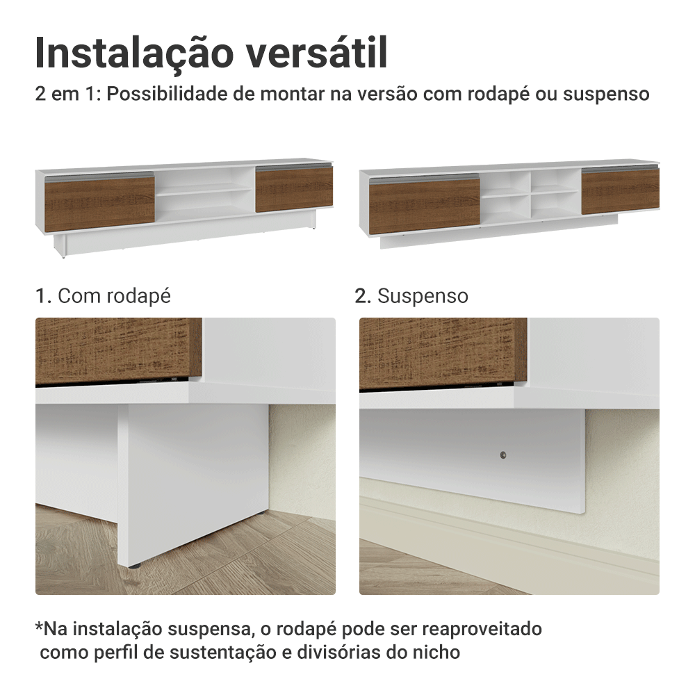 Rack Suspenso para TV até 80 Polegadas 218 cm 2 Portas Branco/Rustic Glamy Madesa
