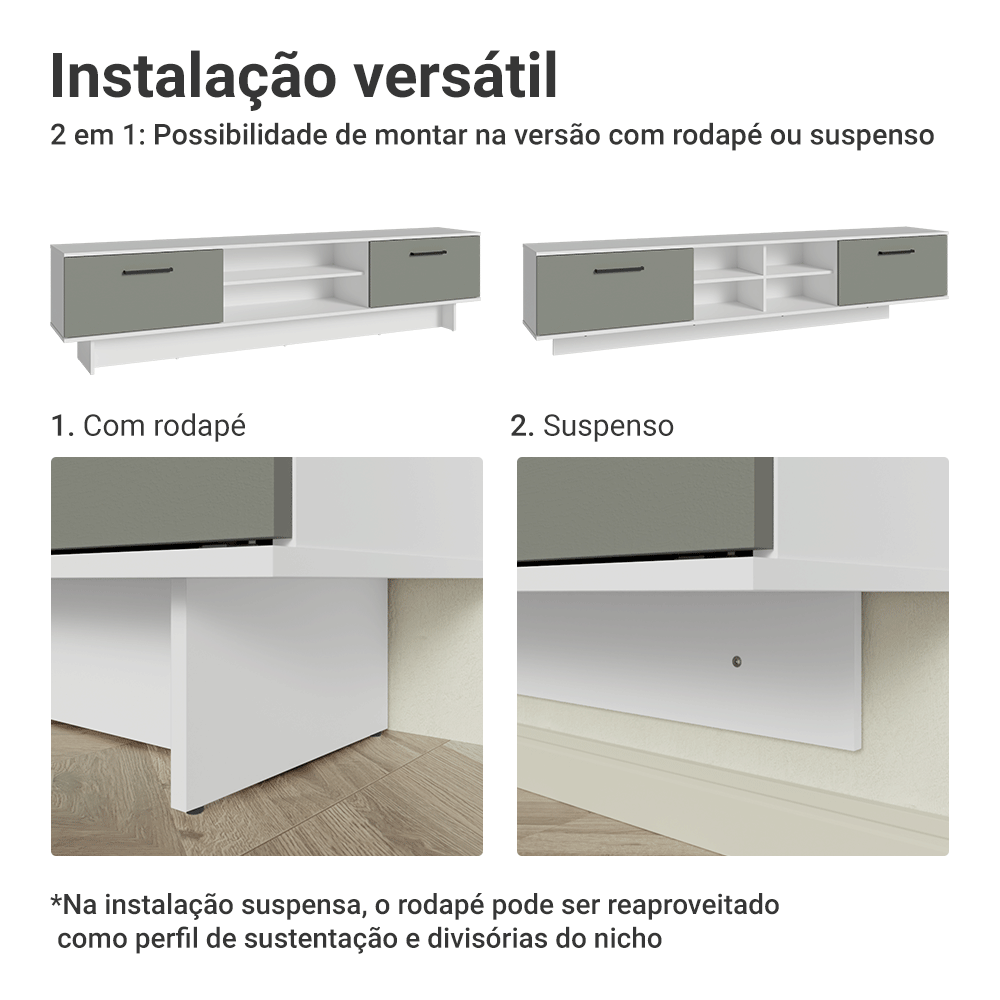 Rack Suspenso para TV até 80 Polegadas 218 cm 2 Portas Branco/Cinza Agata Madesa