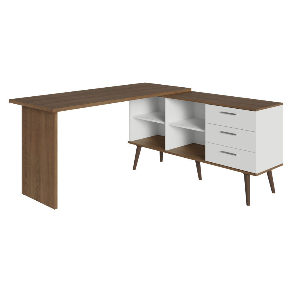 Escrivaninha Mesa de Escritório de Canto 3 Gavetas Branco/Rustic Lisboa Madesa