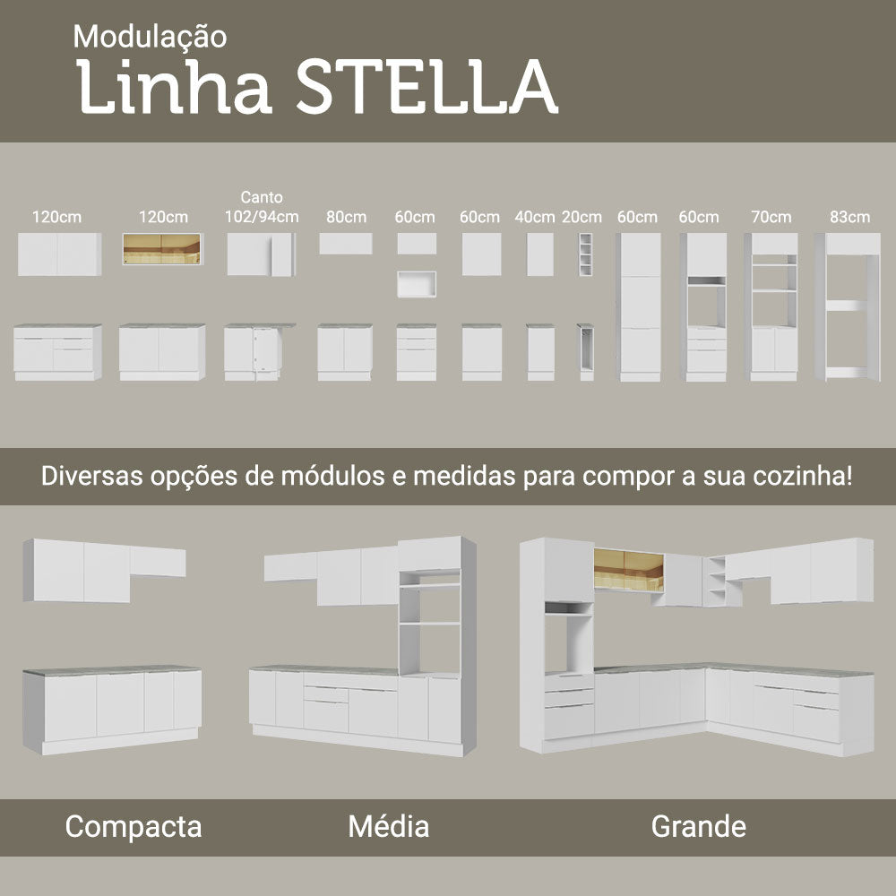 Balcão Cozinha 120 x 60 cm 1 Portas e 2 Gavetas (Com Tampo) Branco Stella Madesa
