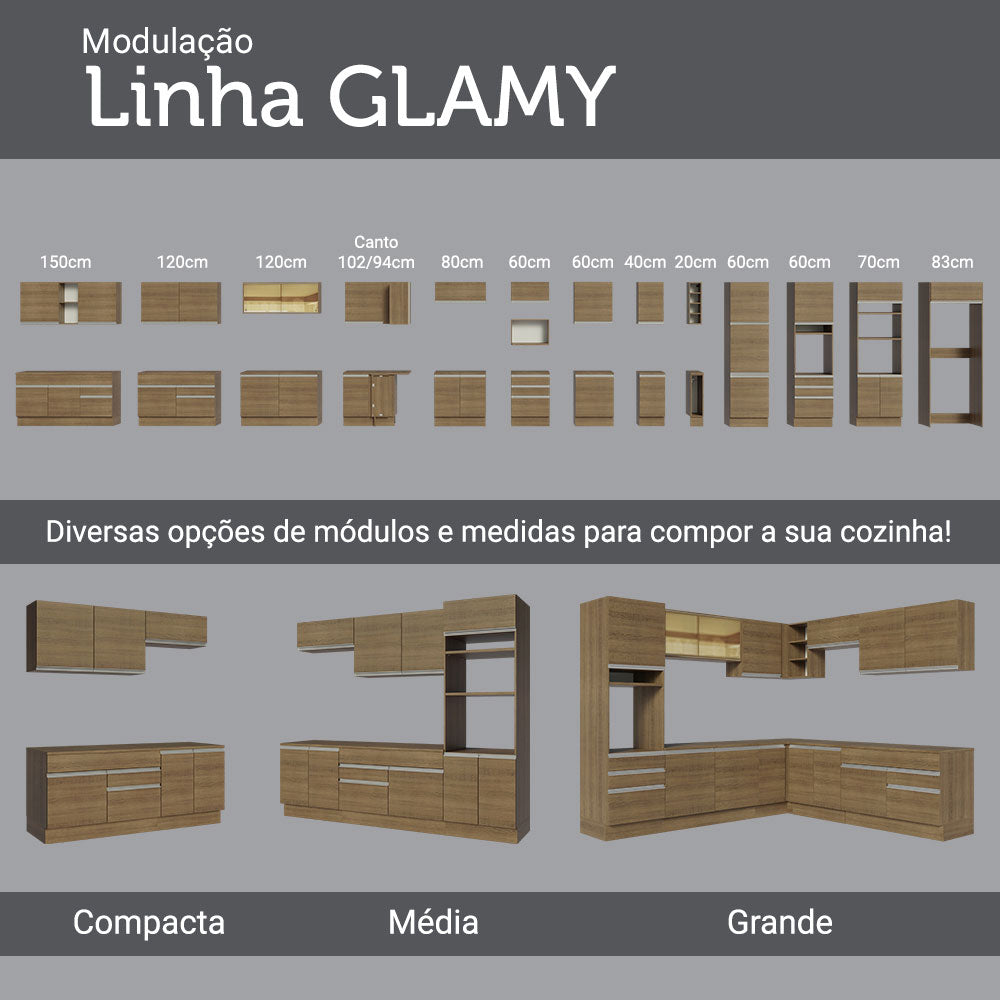 Balcão Cozinha 120 x 60 cm 2 Portas e 3 Gavetas (Com Tampo) Rustic Glamy Madesa