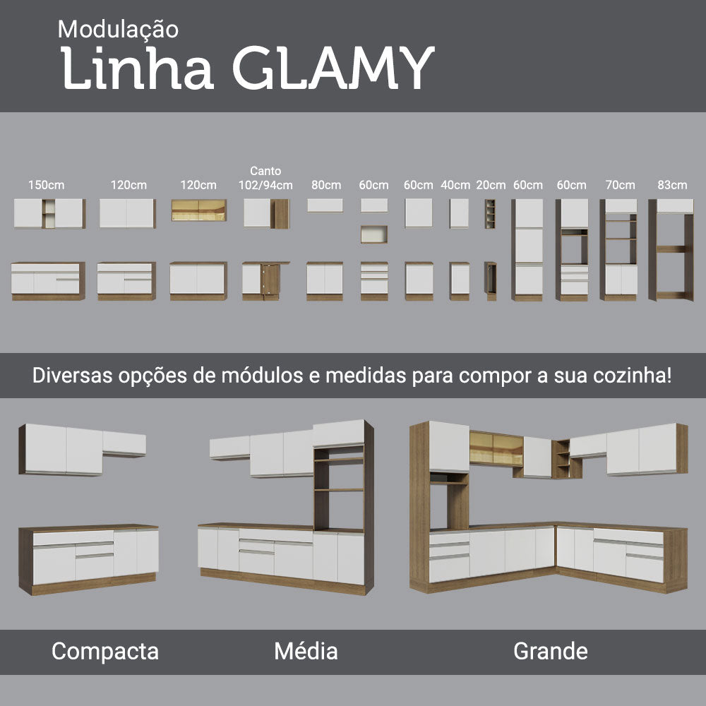 Balcão Cozinha 120 x 60 cm 2 Portas e 3 Gavetas (Com Tampo) Rustic/Branco Glamy Madesa