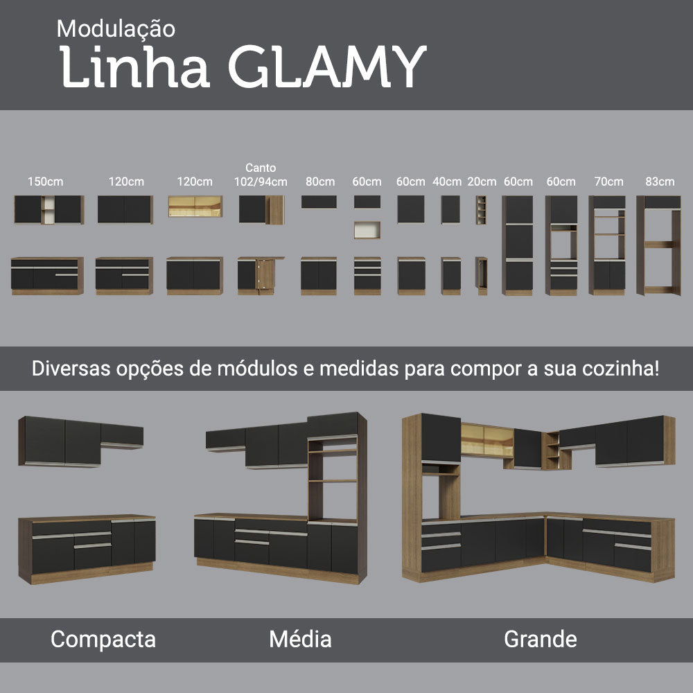 Balcão Cozinha 120 x 60 cm 2 Portas e 3 Gavetas (Com Tampo) Rustic/Preto Glamy Madesa