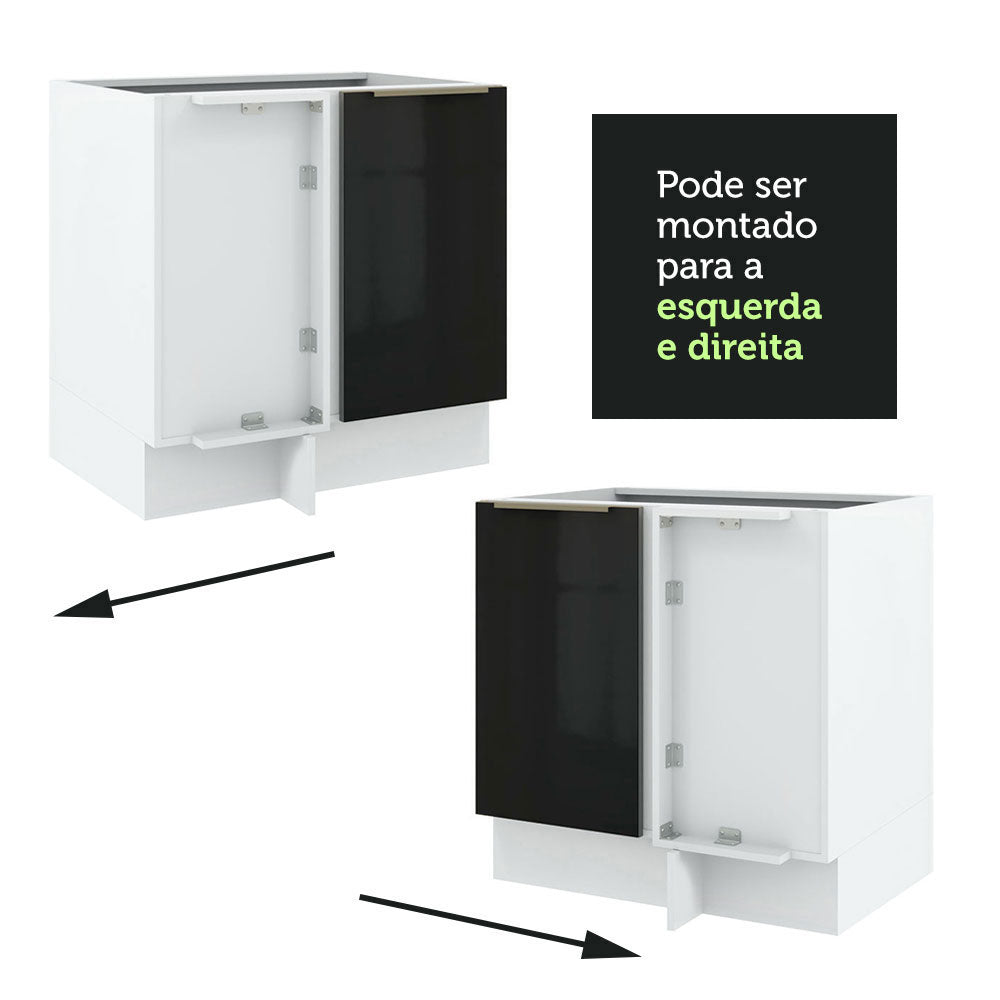Balcão de Canto para Linha de 60 cm de Profundidade 1 Porta (Com Tampo) Branco/Preto Lux Madesa
