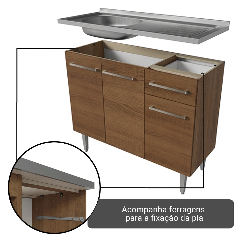 Balcão Gabinete com Pia 3 Portas e 1 Gaveta 105cm Rustic Emilly Madesa