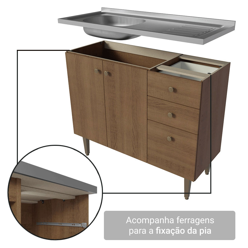 Balcão Gabinete com Pia 3 Portas e 2 Gavetas 105cm Rustic Gourmet Madesa