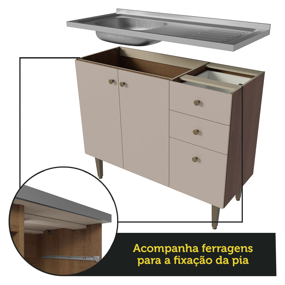 Balcão Gabinete com Pia 3 Portas e 2 Gavetas 105cm Rustic/Crema Gourmet Madesa