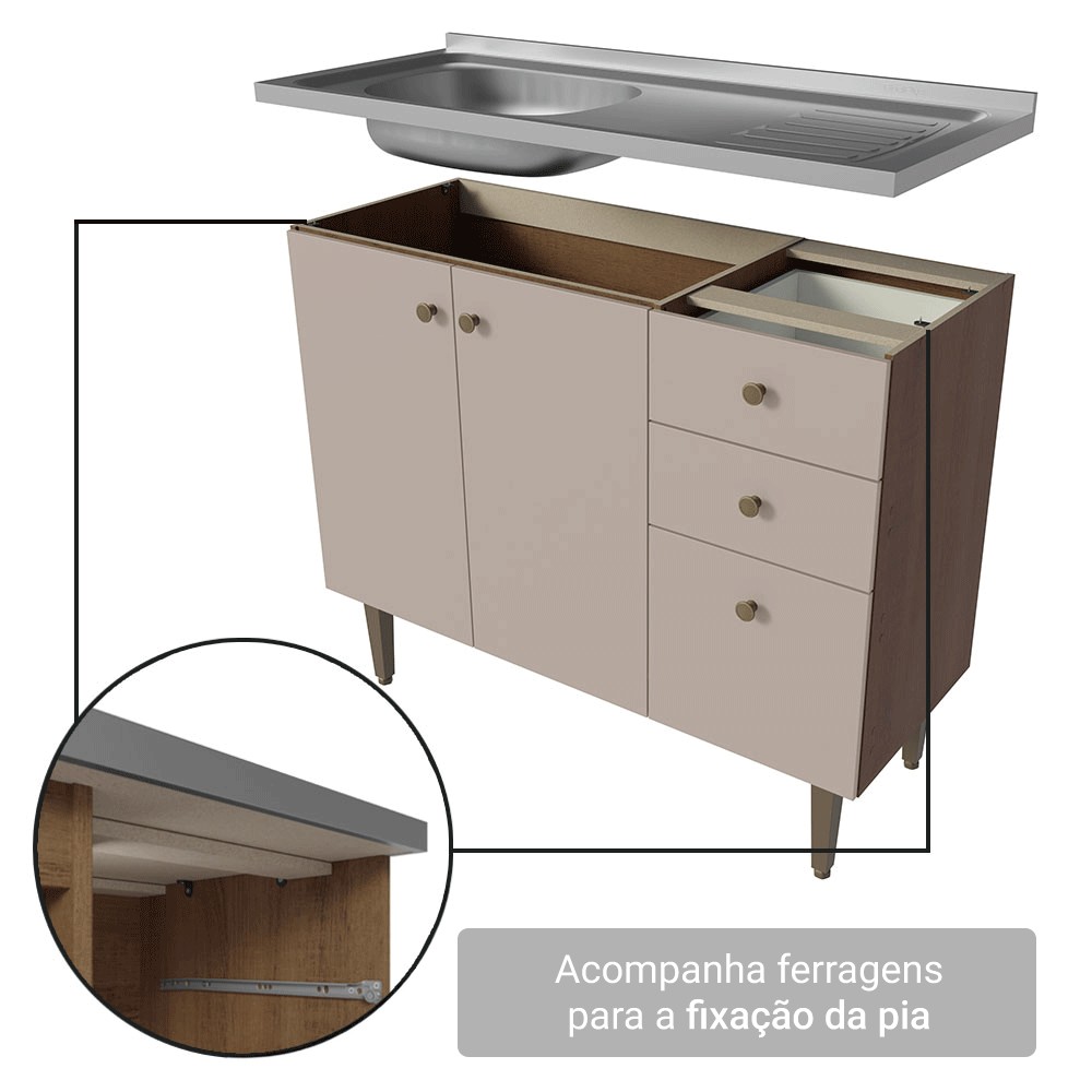 Balcão Gabinete com Pia 3 Portas e 2 Gavetas 105cm Rustic/Crema Gourmet Madesa