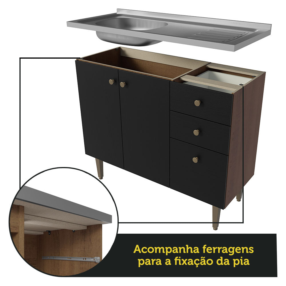 Balcão Gabinete com Pia 3 Portas e 2 Gavetas 105cm Rustic/Preto Gourmet Madesa