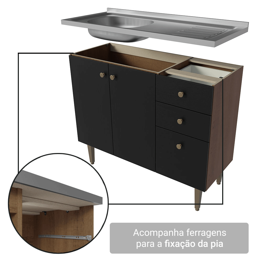 Balcão Gabinete com Pia 3 Portas e 2 Gavetas 105cm Rustic/Preto Gourmet Madesa