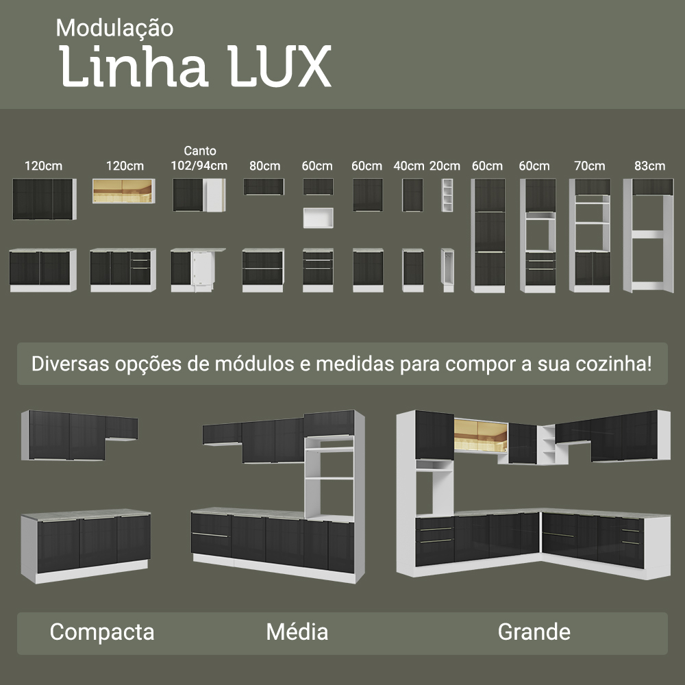 Balcão de Cozinha 120 cm 2 Portas Branco/Preto Lux Madesa