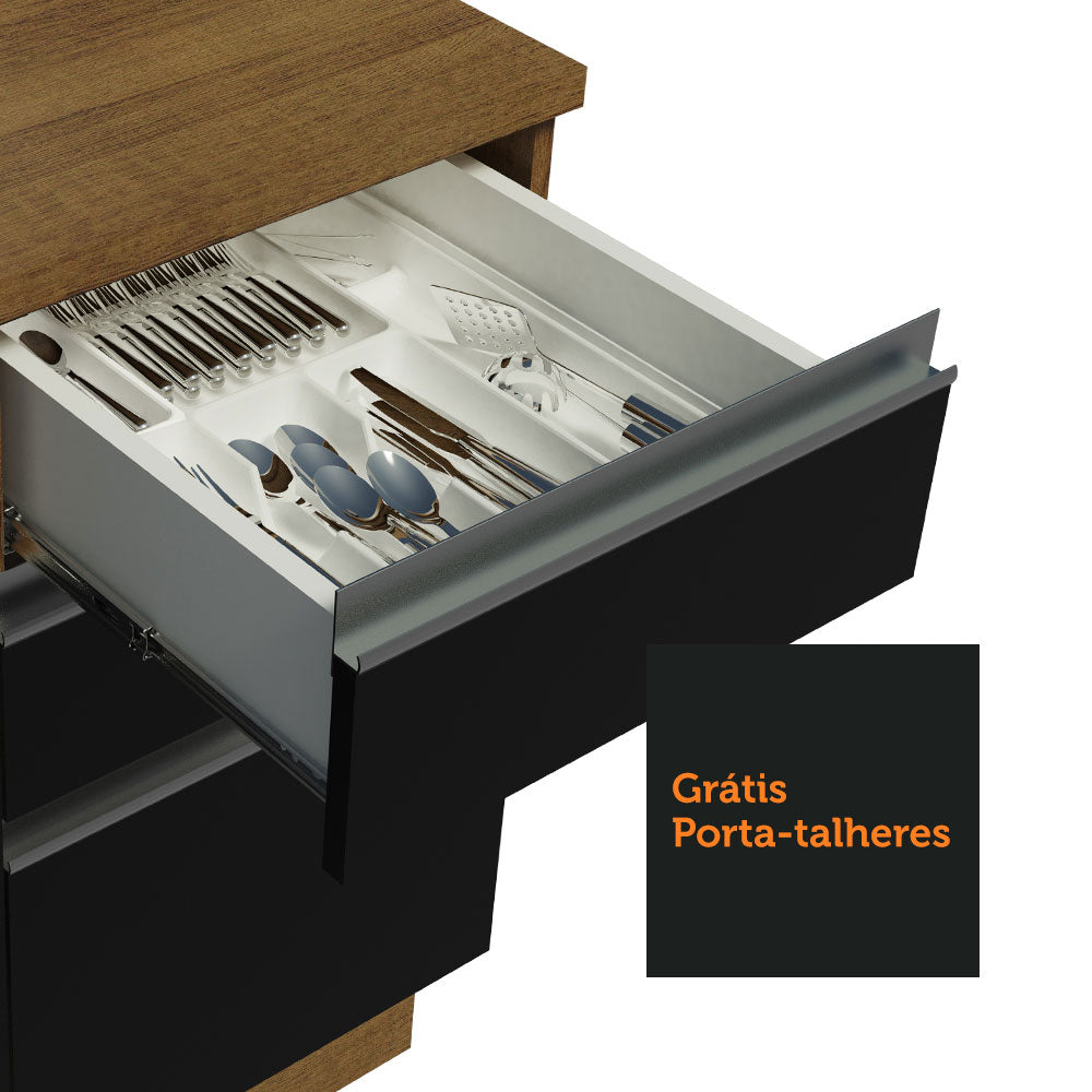 Balcão Madesa Glamy 120 cm 2 Portas e 3 Gavetas (Com Tampo) Rustic/Preto