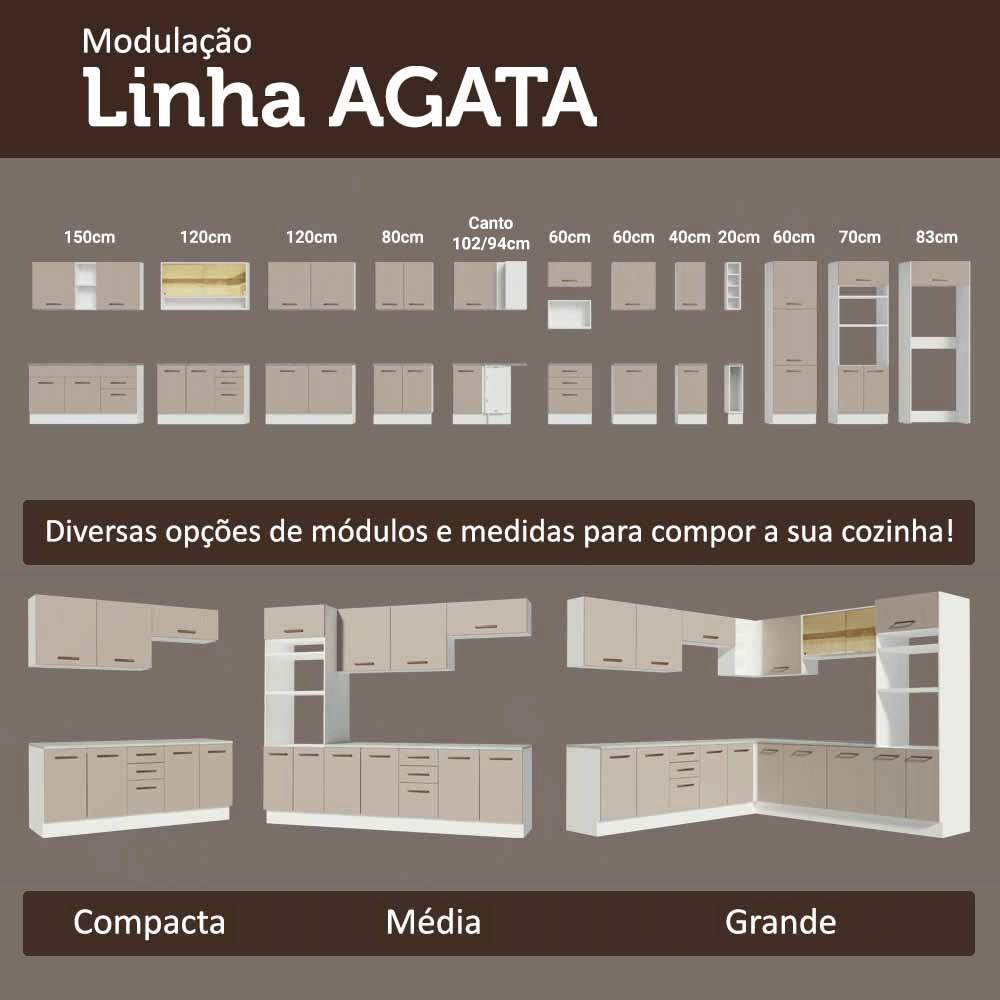 Balcão de Cozinha 40 cm 3 Gavetas (Sem Tampo) Branco/Crema Agata Madesa