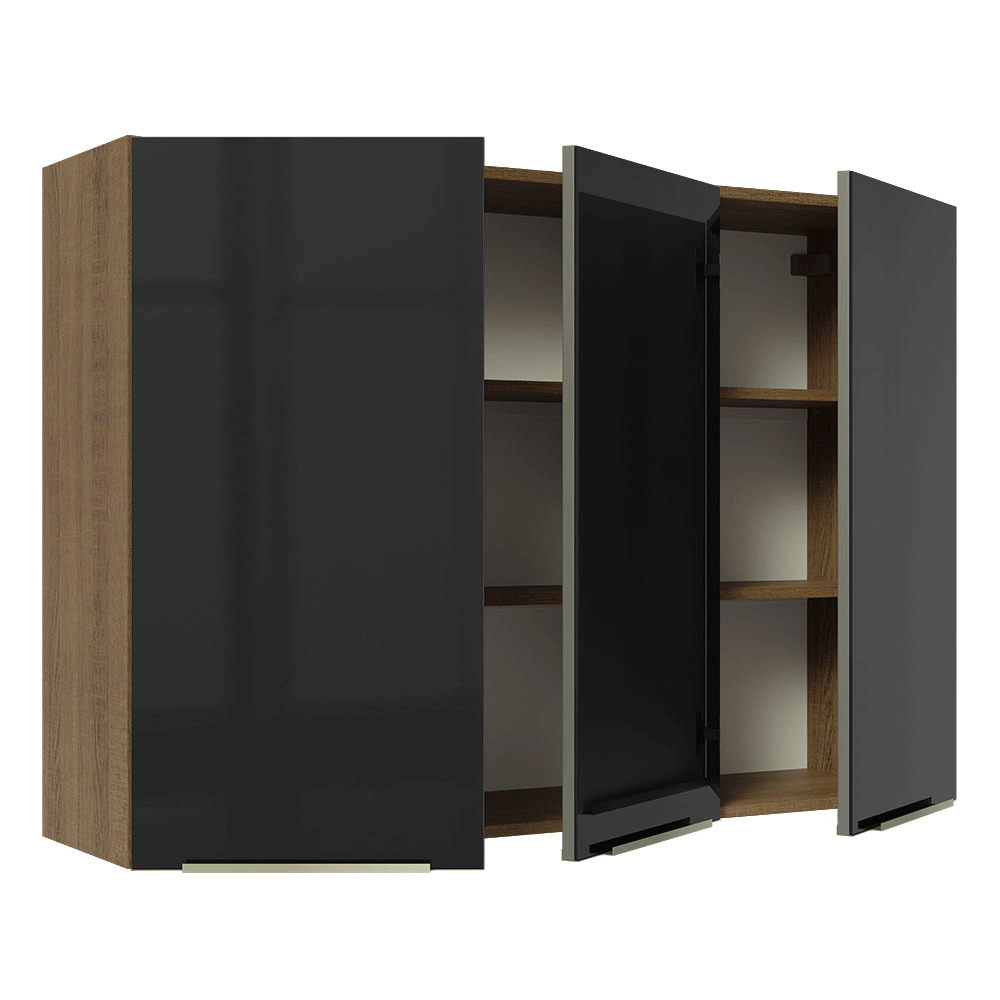 Armário Aéreo Madesa Lux 120 cm 3 Portas Rustic/Preto