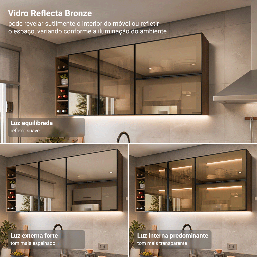 Armário Aéreo de Cozinha 1 Porta Basculante 60 cm Rustic/Preto Vidro Reflecta Bronze Vinil Madesa