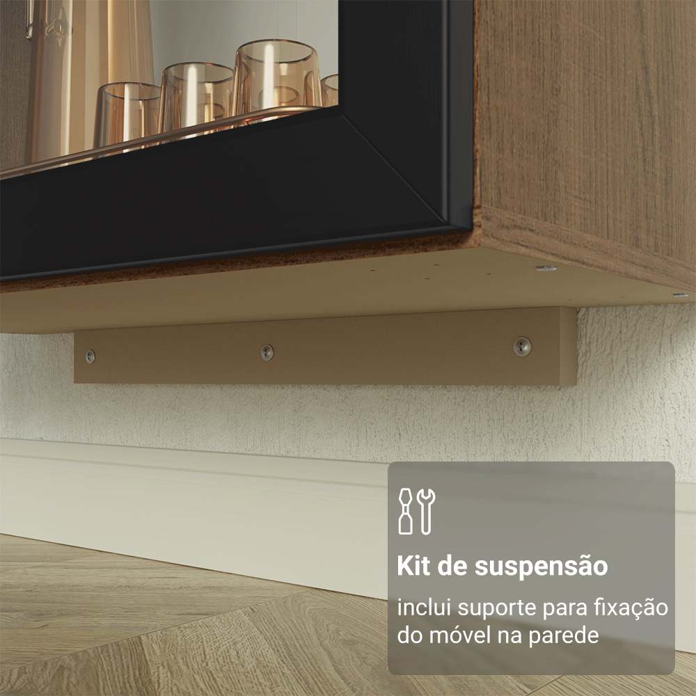 Cristaleira Suspensa 70 cm 2 Portas de Vidro Rustic/Preto Vik Madesa